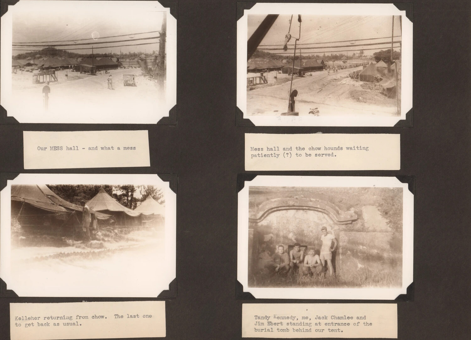 Camp Life Snapshots with Typed Captions: Mess Hall and Local Burial Tomb, WWII Photo Album, Japan/Okinawa
