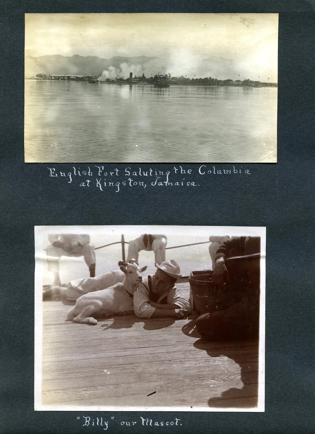 Album Page: 'English Fort Saluting the Columbia at Kingston, Jamaica' and '"Billy" Our Mascot' — USS Columbia Album