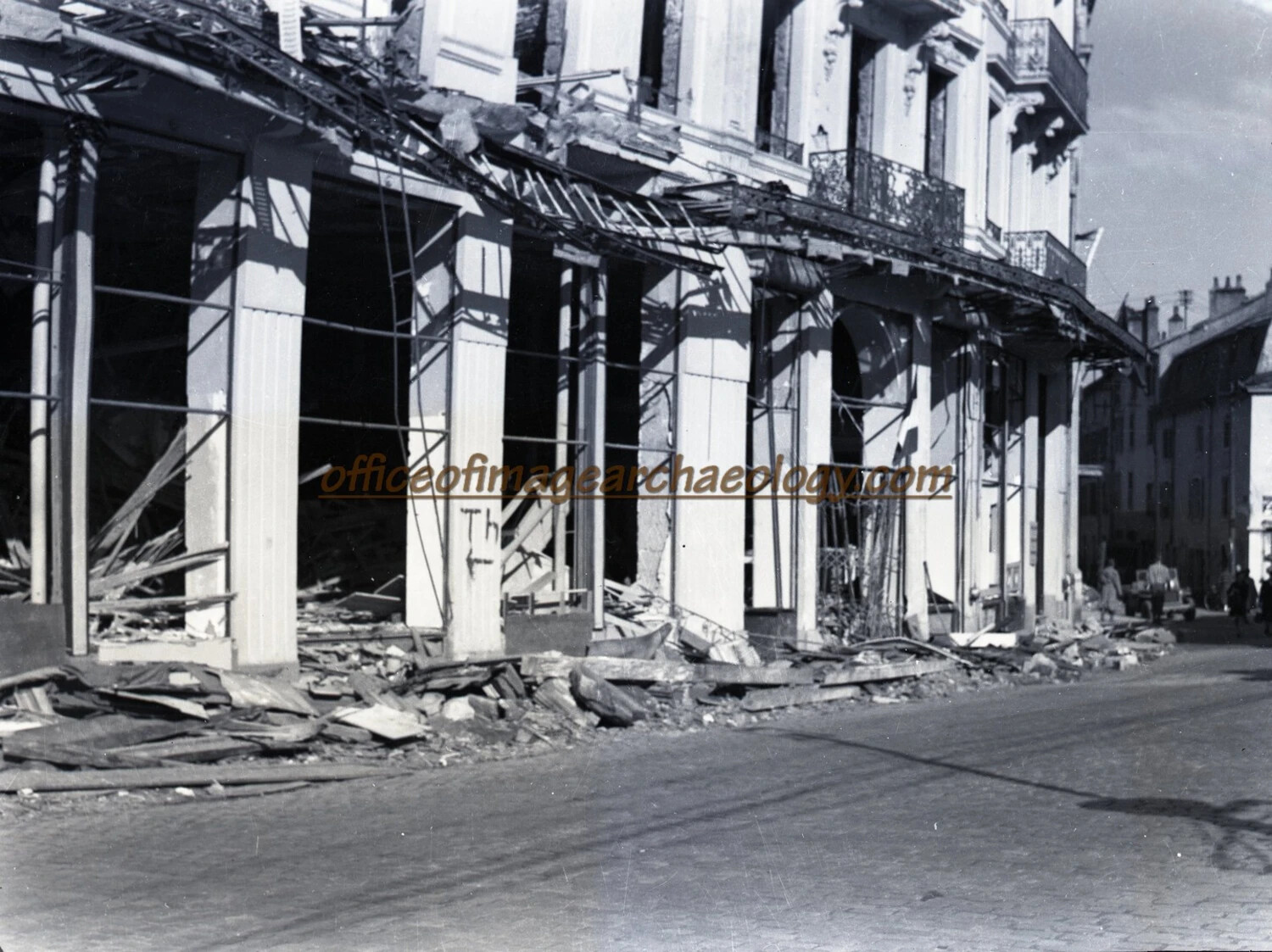 Bomb-Damaged Commercial Street Front with Ornate Balconies, Western Europe, World War II