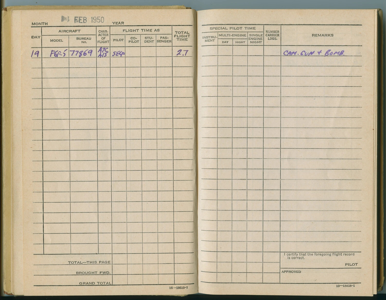 U.S. Navy Pilot Flight Logbook Entry, F6F-5 Hellcat, 19 February 1950 (McAleer Collection)