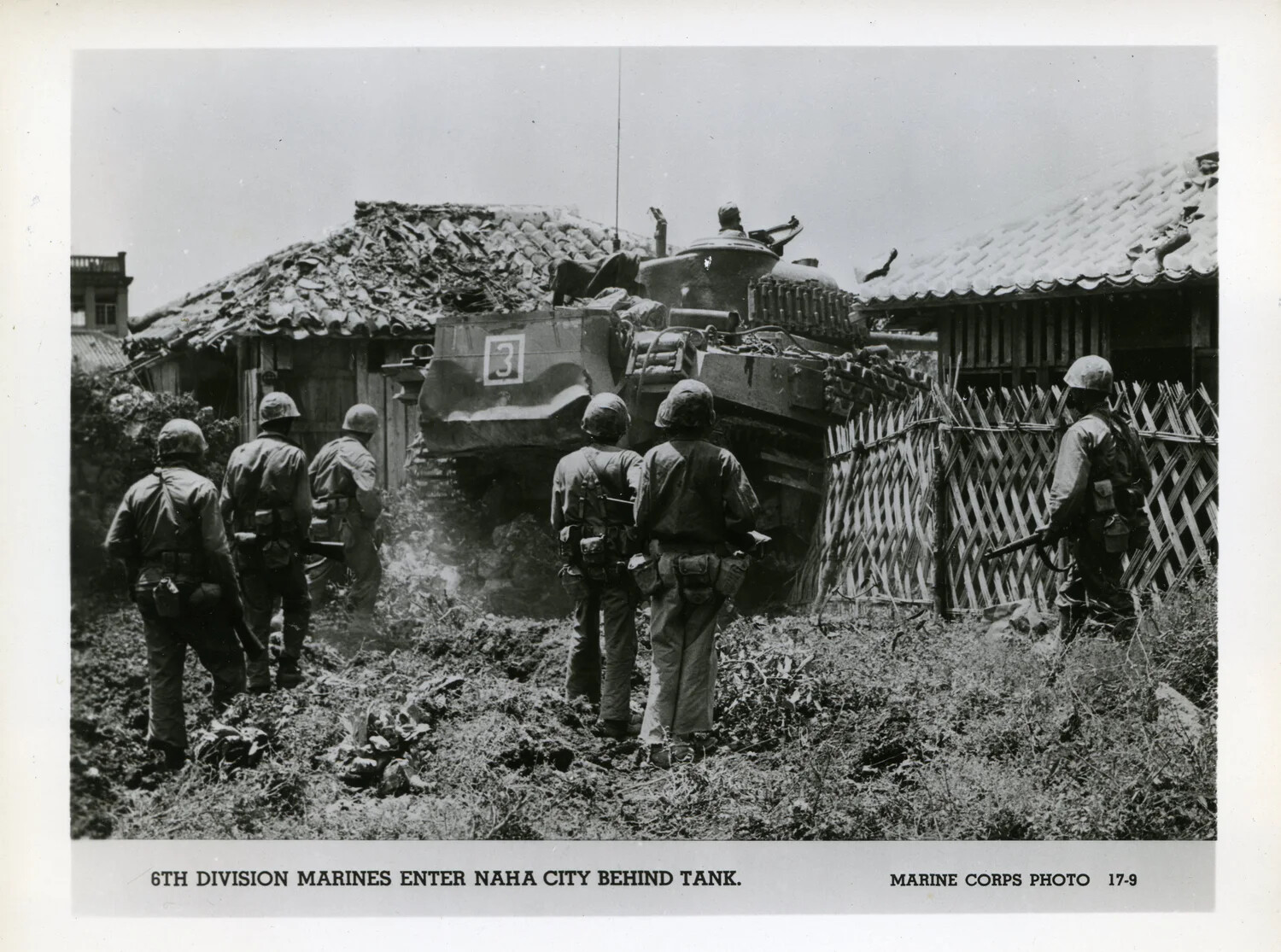 6th Division Marines Enter Naha City Behind Tank, Battle of Okinawa, 1945 (Marine Corps Photo 17-9)