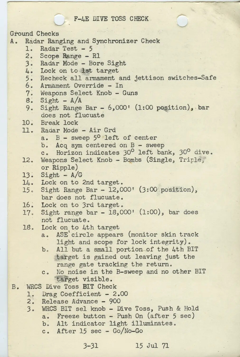F-4E Phantom II 'Dive Toss' Weapons Delivery Checklist, Page 3-31, dated 15 July 1971