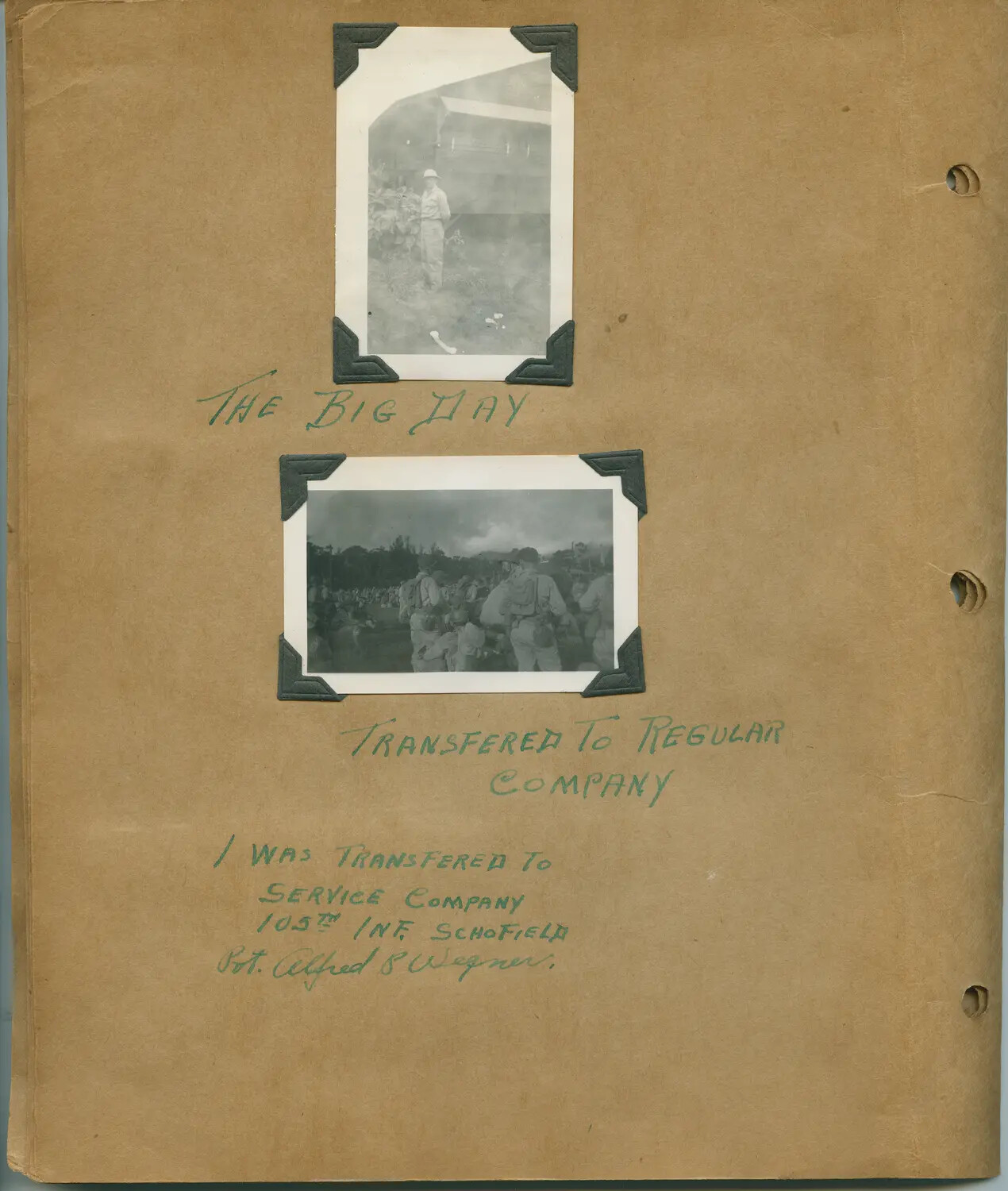 Album Page: "The Big Day" – Pvt. Alfred B. Wegner's Transfer to Service Company, 105th Infantry, Schofield Barracks