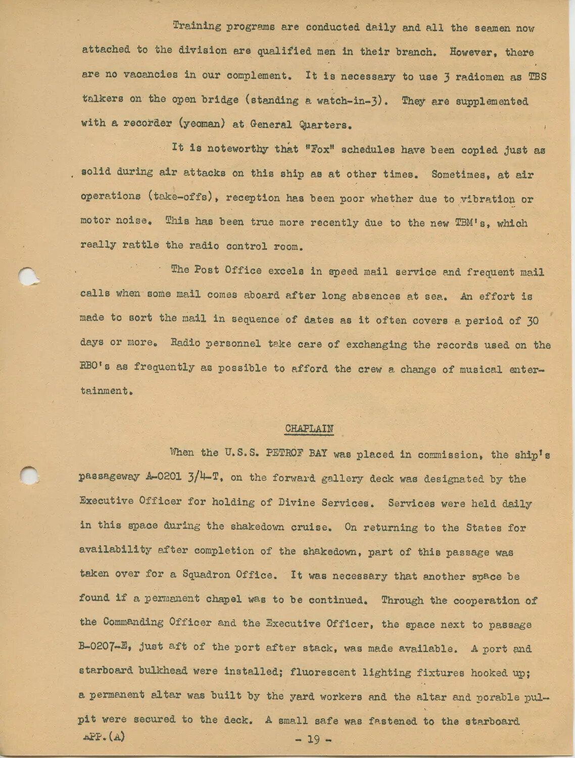 USS Petrof Bay (CVE-80) Ship's History, Appendix (A), Page 19 - Communications Division and Chaplain/Chapel Origins