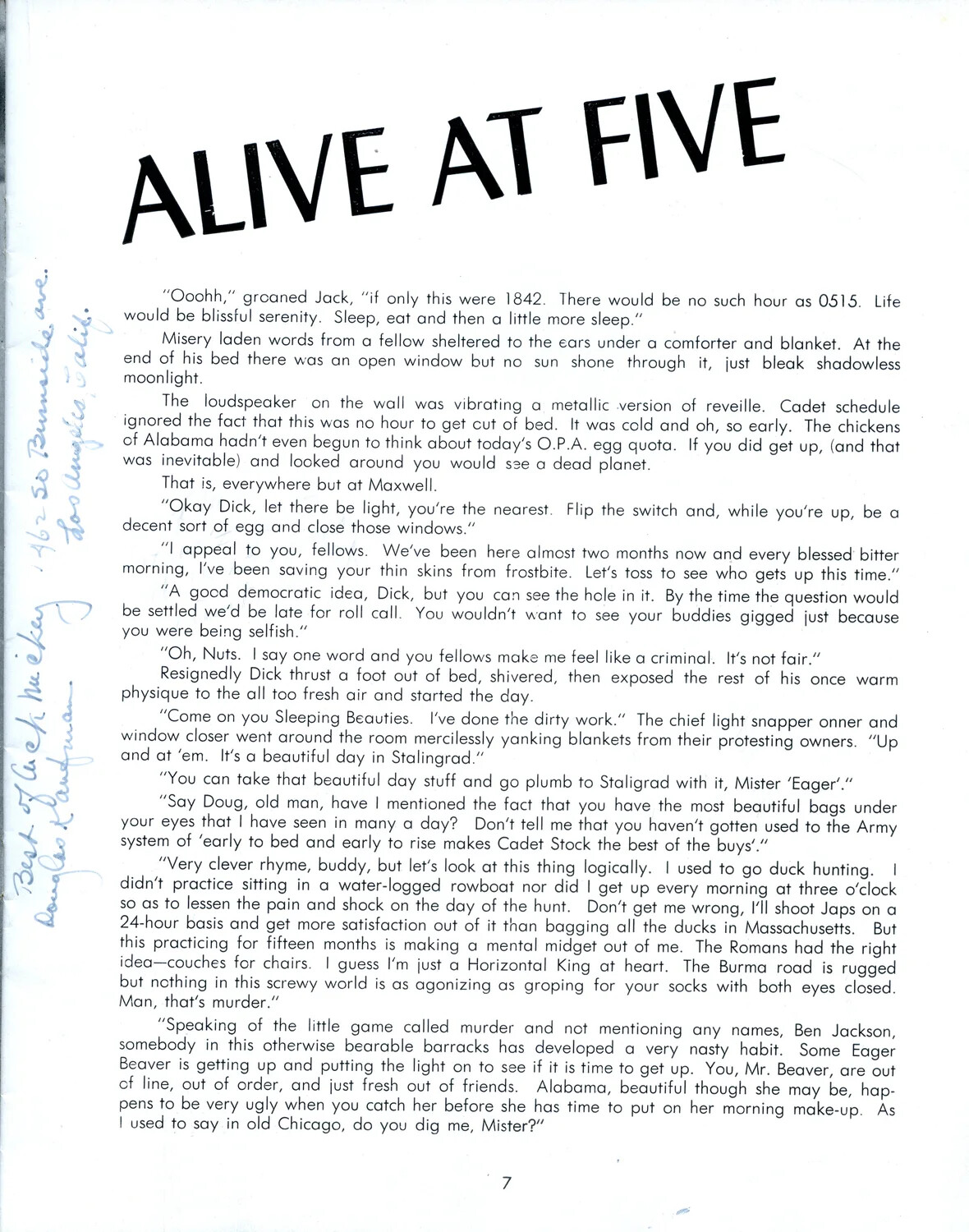'Alive at Five' - Barracks Reveille Narrative Essay, Preflight Class 44-F Training Booklet, Page 7