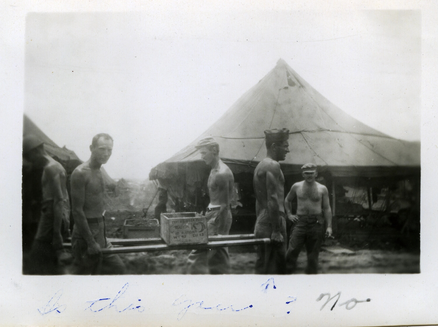 Servicemen with K-Ration Crate at Tent Camp, Pacific Theater, WWII