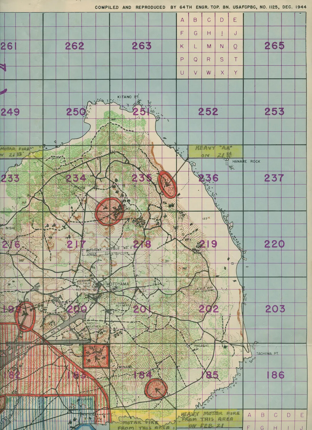 WWII Gridded Topographic Target Map of Iwo Jima with Handwritten Combat Annotations, USS Petrof Bay (CVE-80) Collection