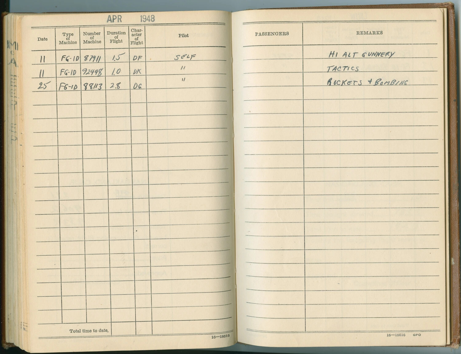 U.S. Navy/Marine Aviator's Flight Log Book, April 1948 -- FG-1D Corsair Training Entries (McAleer Collection)