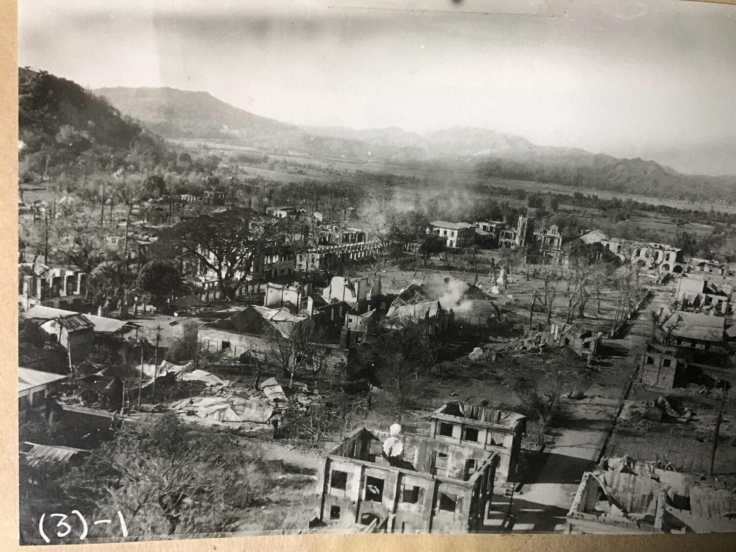 Strike Photograph: Destroyed Philippine Town with Damaged Church, Luzon Campaign, 312th Bomb Group (Duplicate Print)
