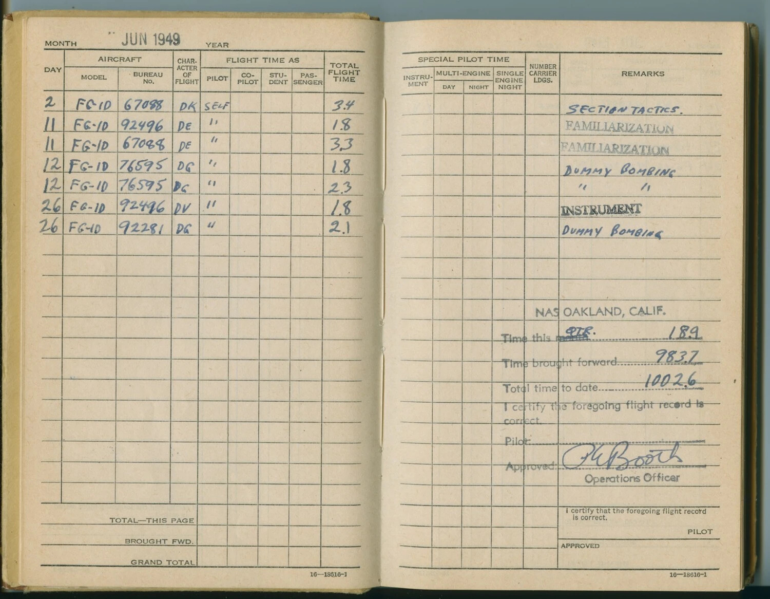 Pilot Flight Logbook Page, June 1949 – FG-1D Corsair Training Flights, NAS Oakland