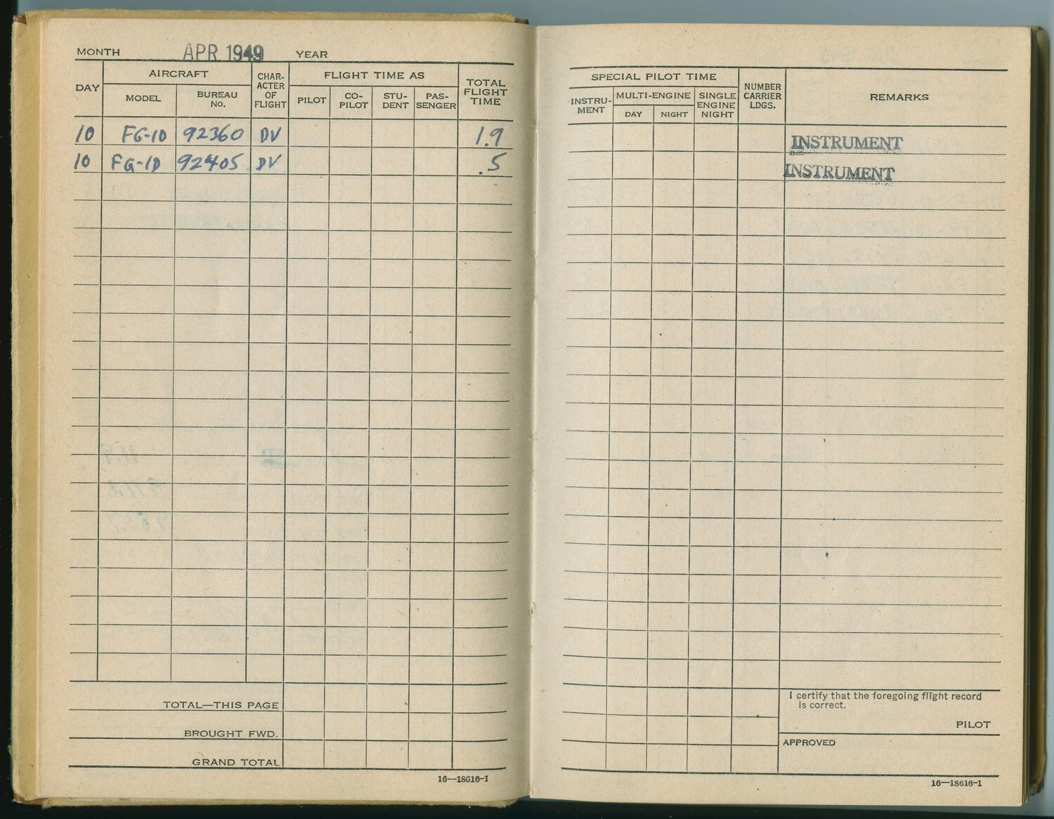 McAleer Flight Log Book Page, April 1949 - FG-10 Corsair Instrument Training