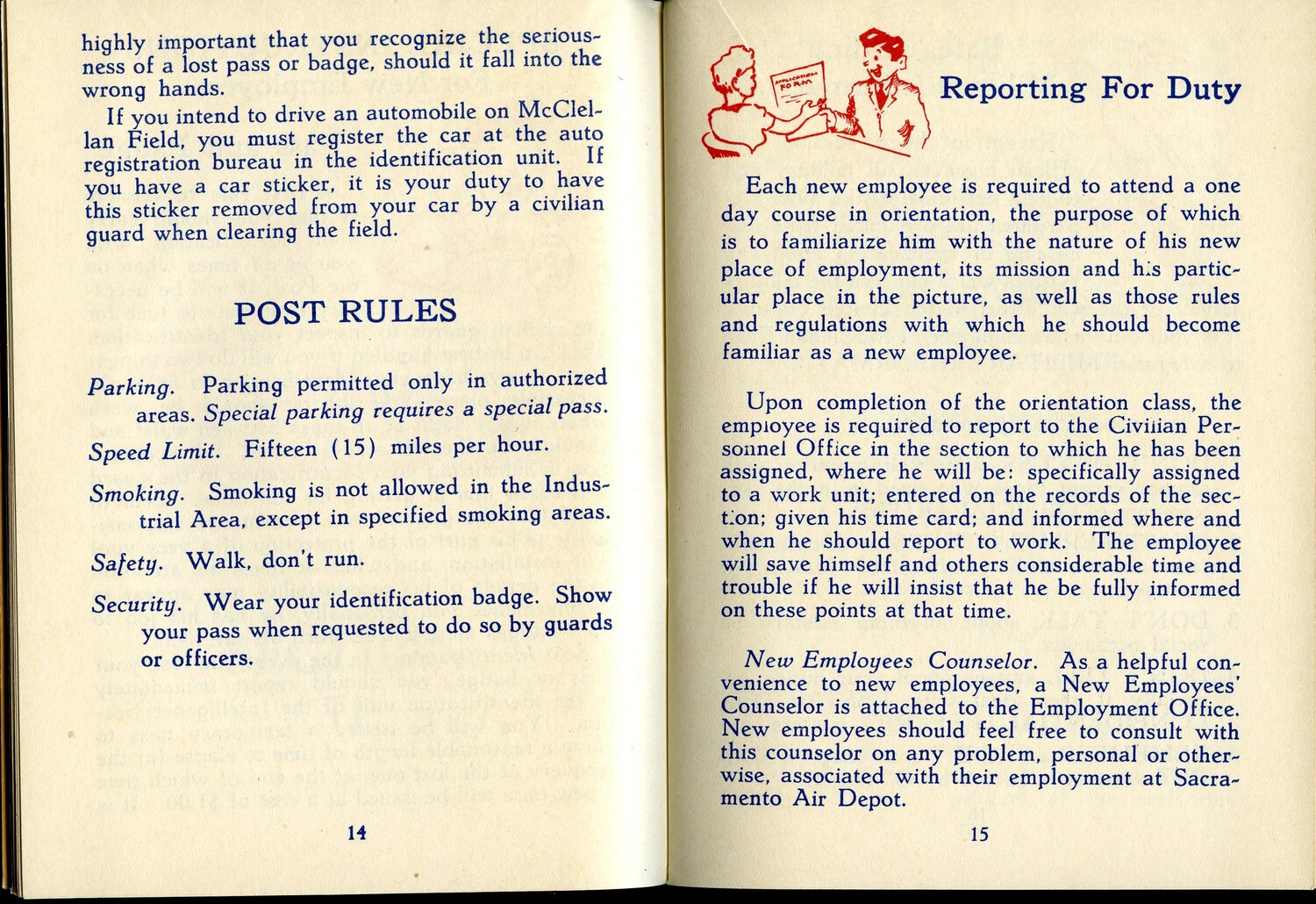 Printed Page Spread, 'Post Rules' and 'Reporting For Duty' — McClellan Field Personnel Guide Booklet, Sacramento Air Depot