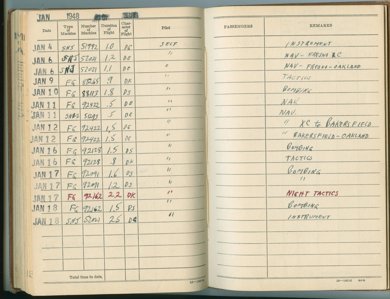 U.S. Navy Pilot Flight Logbook Page - January 1948, McAleer Log Book