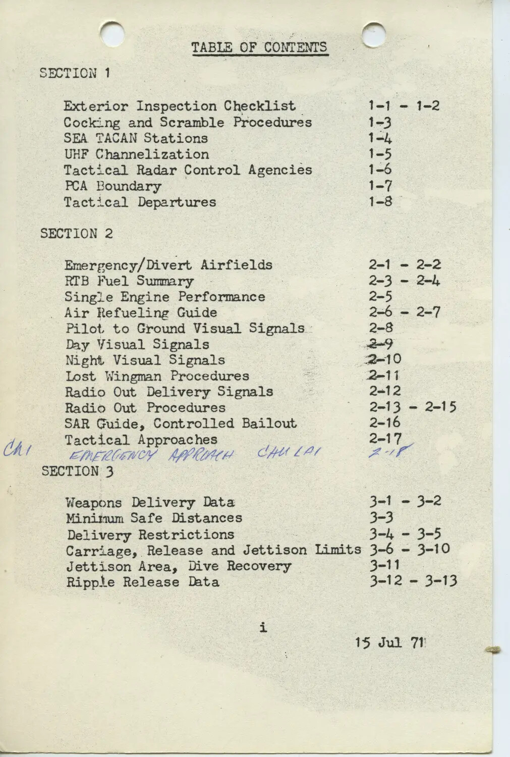 Table of Contents, 366 TFW 'DaNang Inflight Aid' Manual (15 Jul 71)