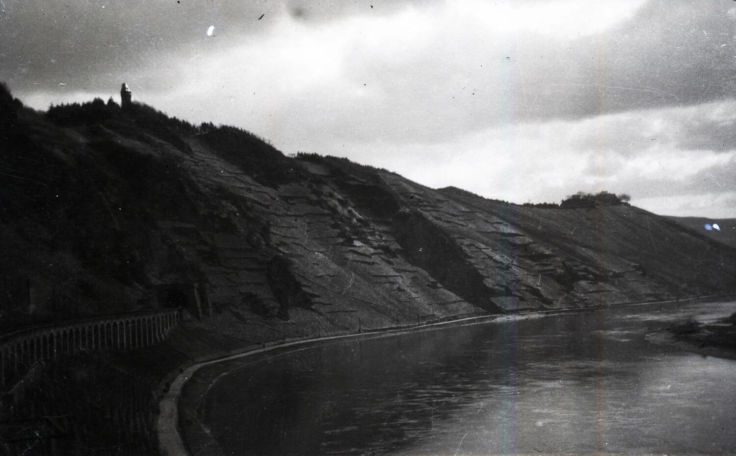 Terraced River Valley Vineyards with Railway Viaduct, WWI-Era Negative (Rhineland/European Theater)