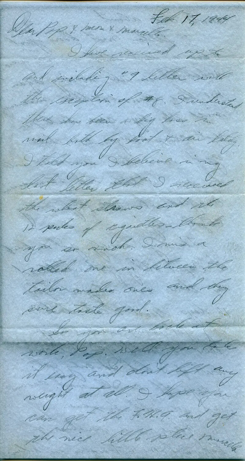 Handwritten Letter Home, February 17, 1944