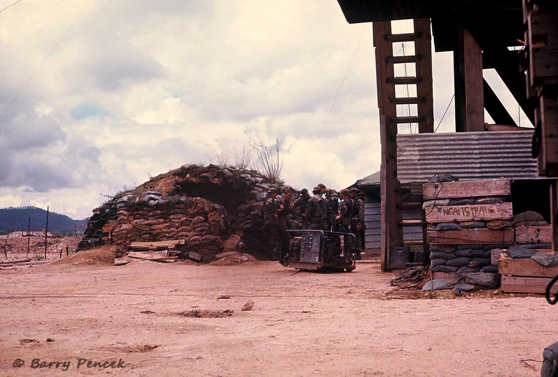Soldiers Beside Sandbagged Bunker at Special Forces Camp, Vietnam