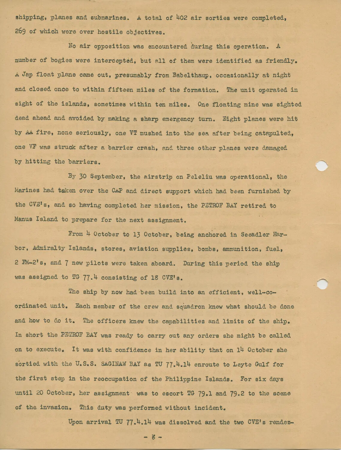 USS Petrof Bay (CVE-80) War History Document, Page 8 – Peleliu Operations and Leyte Gulf Deployment