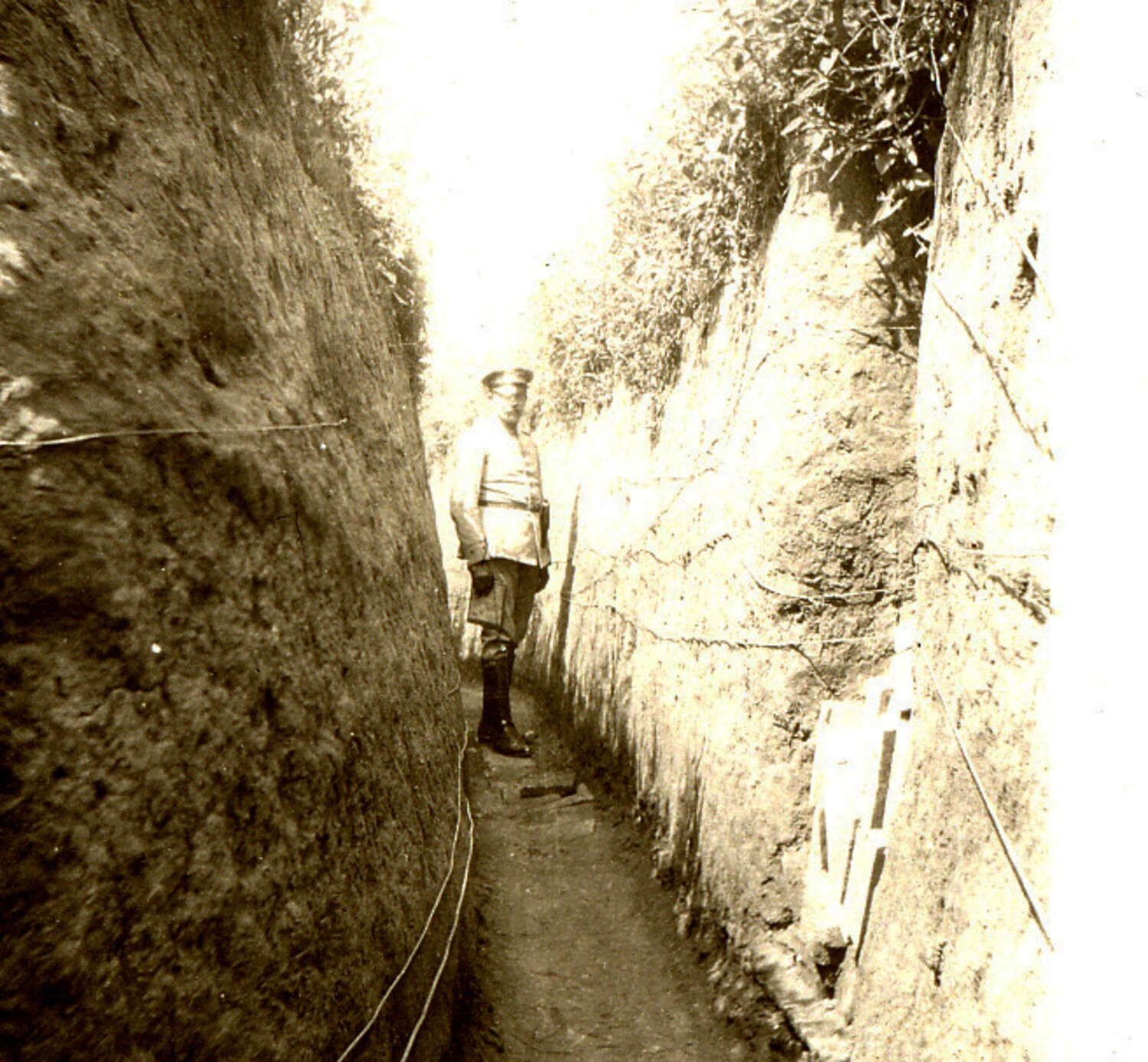 German Officer Standing in Earthen Communication Trench, WWI