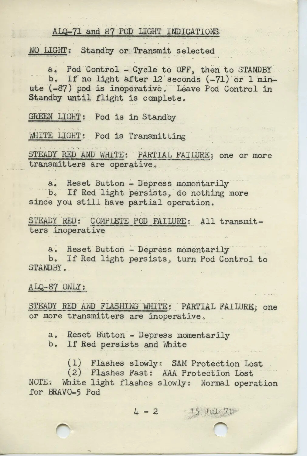 ALQ-71/ALQ-87 ECM Pod Light Indications Reference Page, USAF Technical Manual, 1971