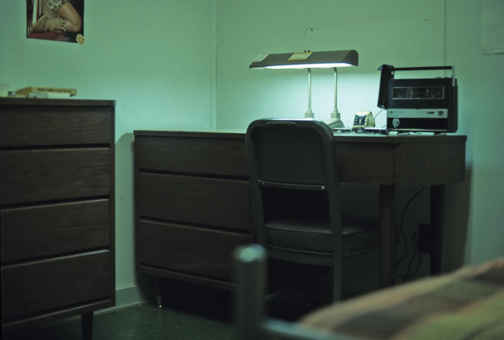 USAF Barracks Room Interior with Desk, Lamp, and Personal Effects, 1969