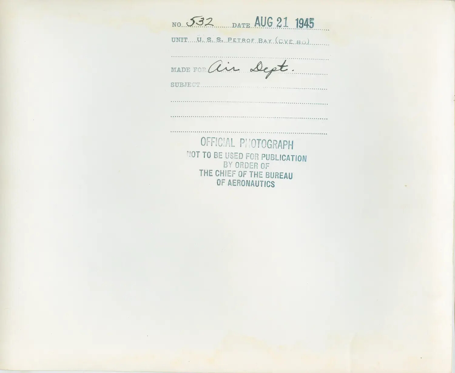 Official U.S. Navy Photograph Caption Card, USS Petrof Bay (CVE-80), August 21, 1945