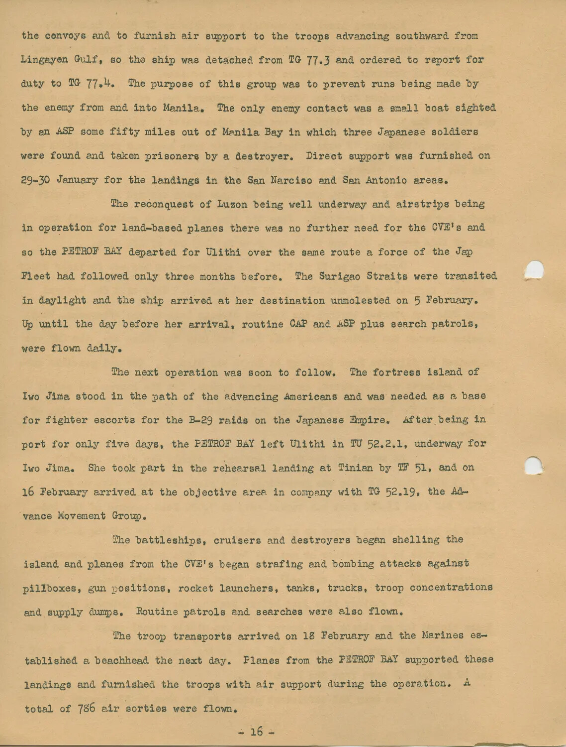 Typed Page 16 - USS Petrof Bay (CVE-80) Luzon Campaign Support and Opening of the Iwo Jima Operation, January-February 1945