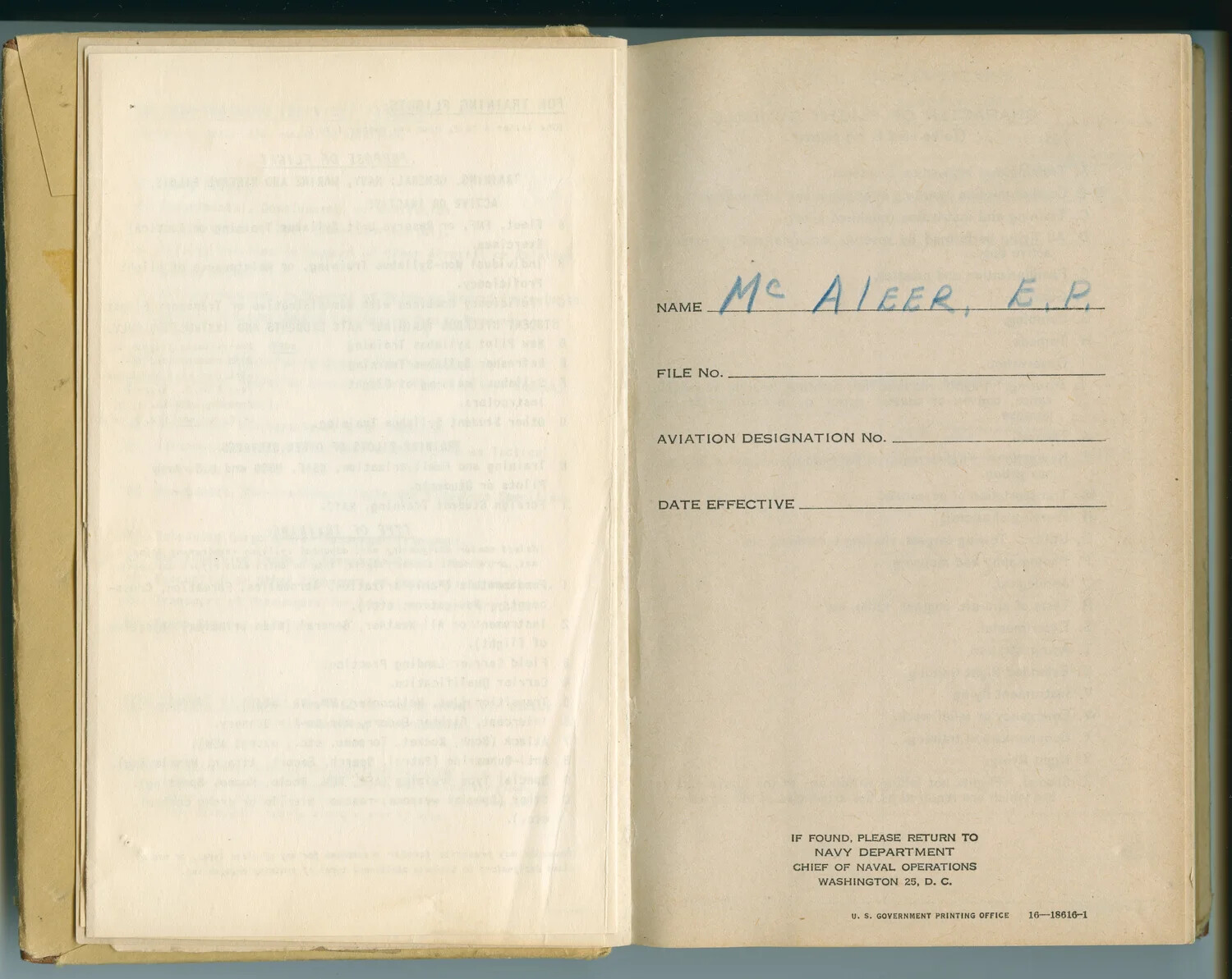 Identification Page, Naval Aviator's Flight Log Book of E.P. McAleer (Oct 1948 – Jan 1952)