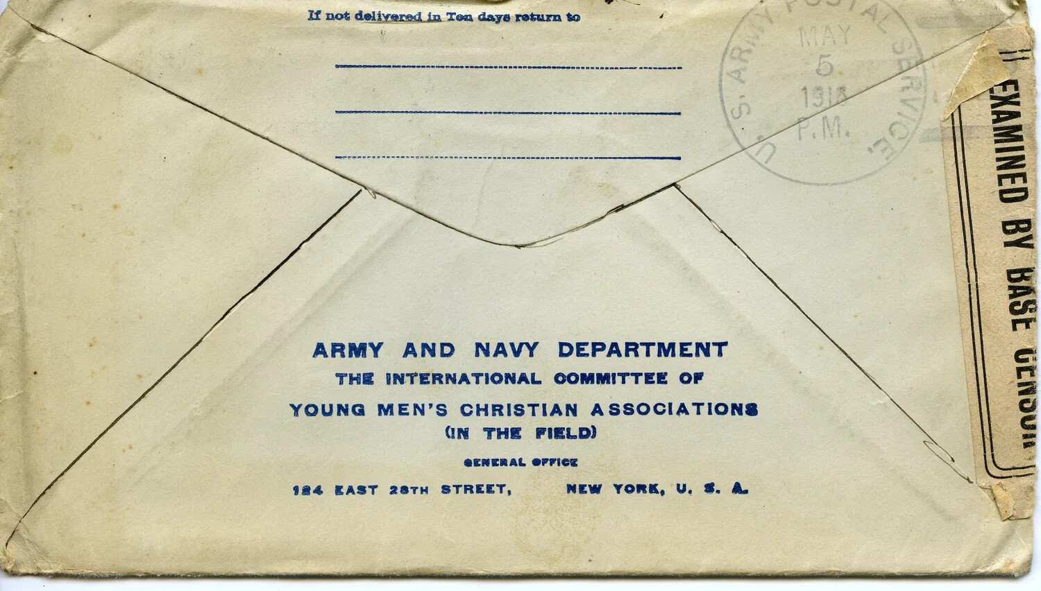 Reverse of WWI YMCA-Issued Envelope, U.S. Army Postal Service Cancellation May 5, 1918 - Willis W. Wagener Correspondence