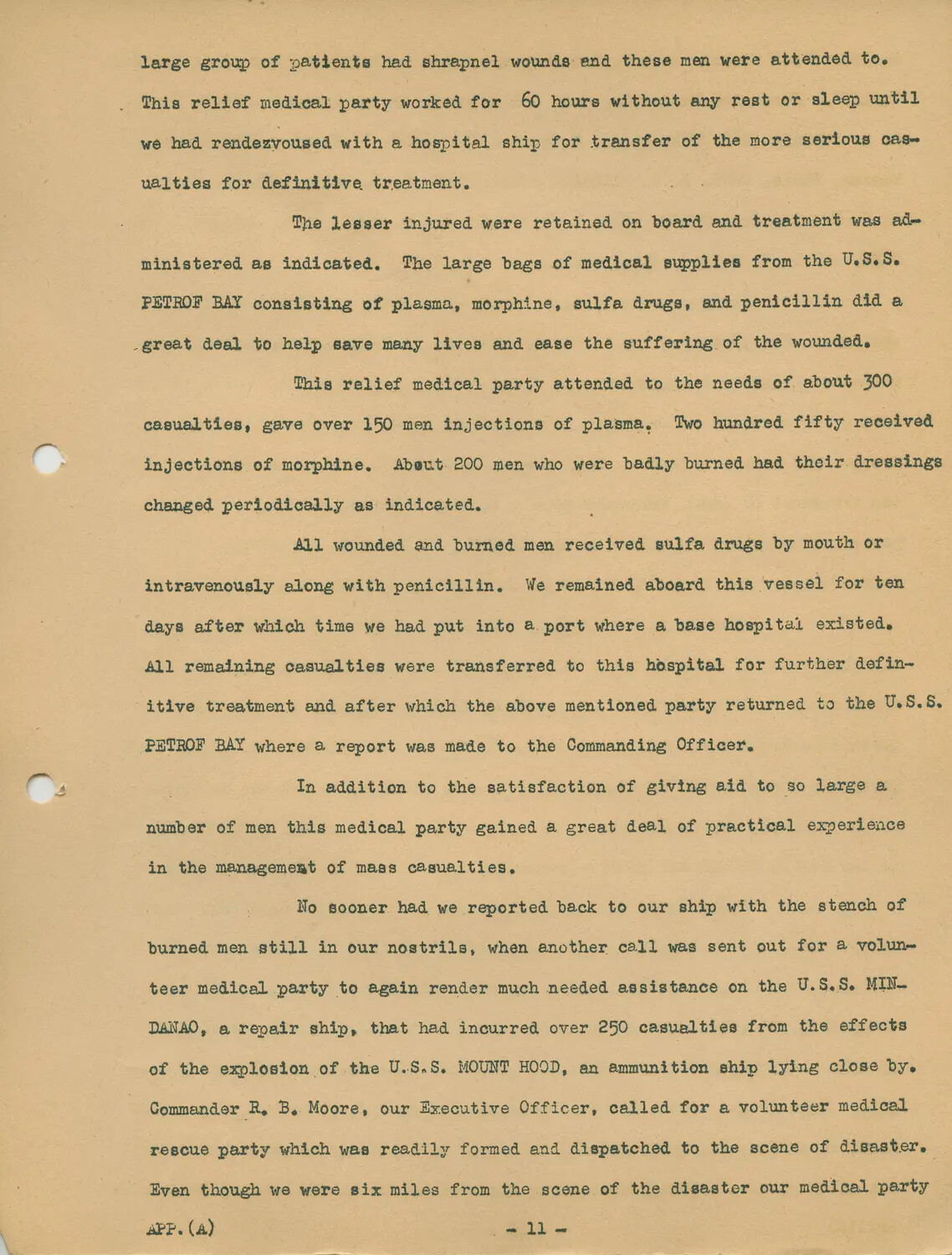 USS Petrof Bay (CVE-80) Ship's History, Appendix (A), Page 11 - Mass Casualty Medical Relief and the USS Mount Hood Explosion Response