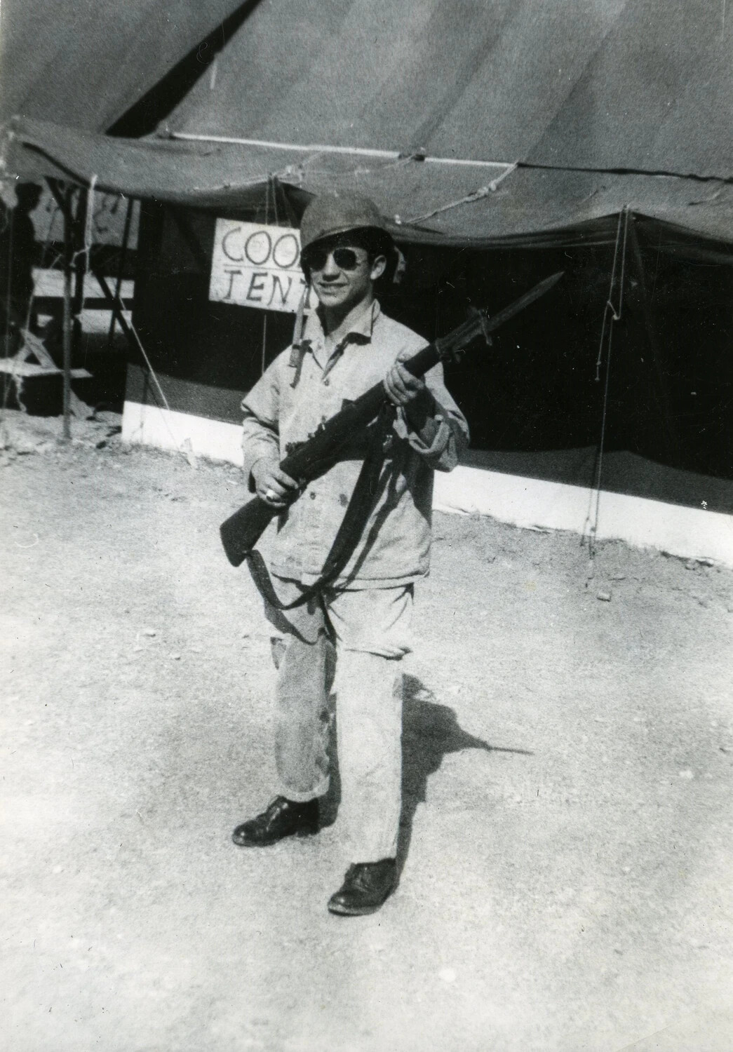 Marine on Guard Duty at Cook Tent, VMF-214 Camp, Pacific Theater, 1945