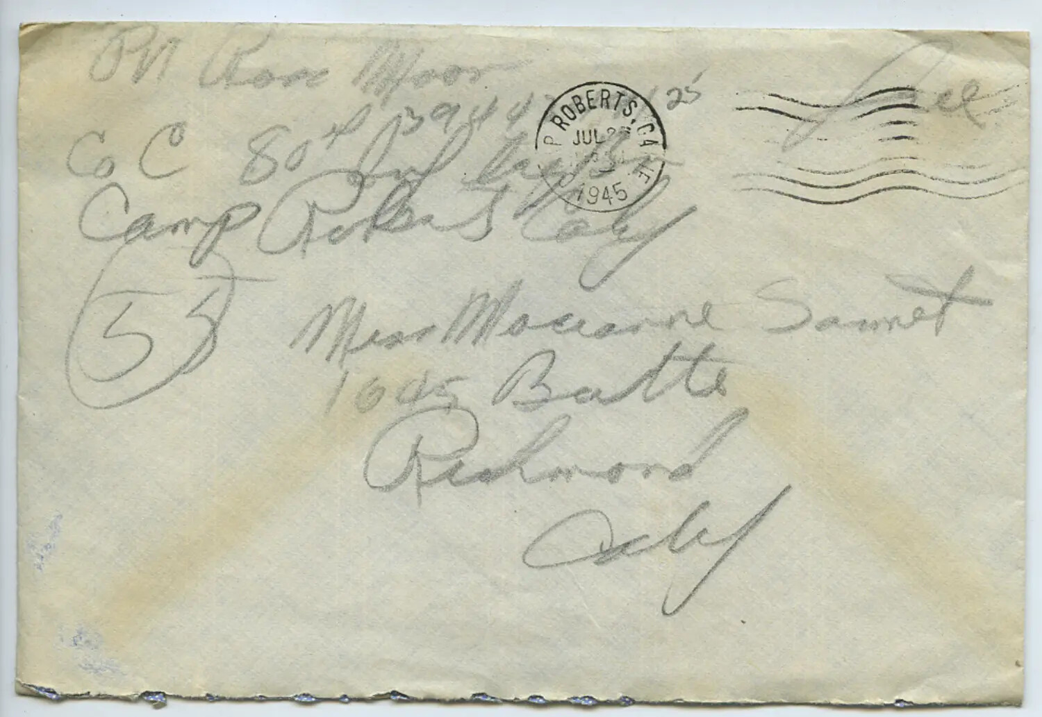 WWII Military Mail Envelope, Pvt. Ron Moon to Miss Marianne Sammet, Camp Roberts, California, 1945