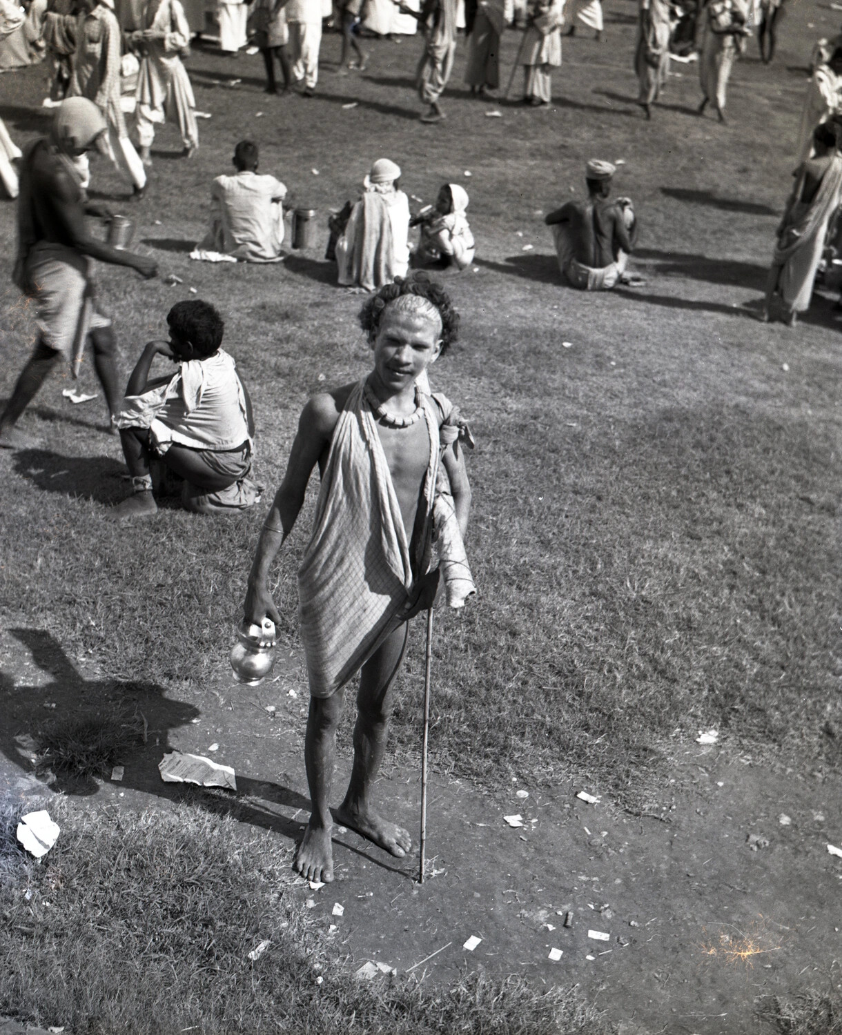 Indian Pilgrim with Shaved Head and Water Pot at Outdoor Gathering, CBI Theater, WWII