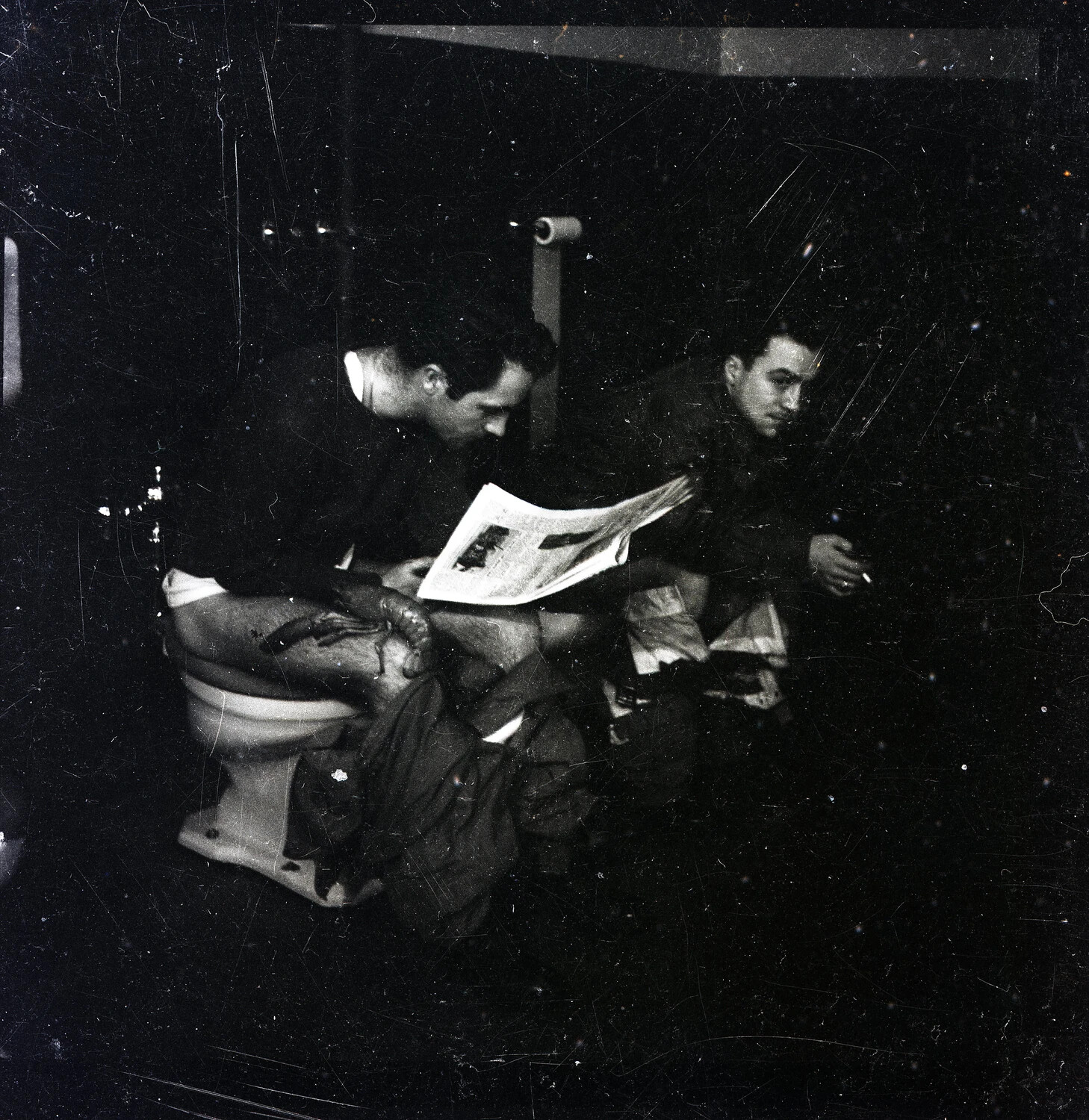 Candid Barracks Lavatory Snapshot with Newspaper, WWII Era