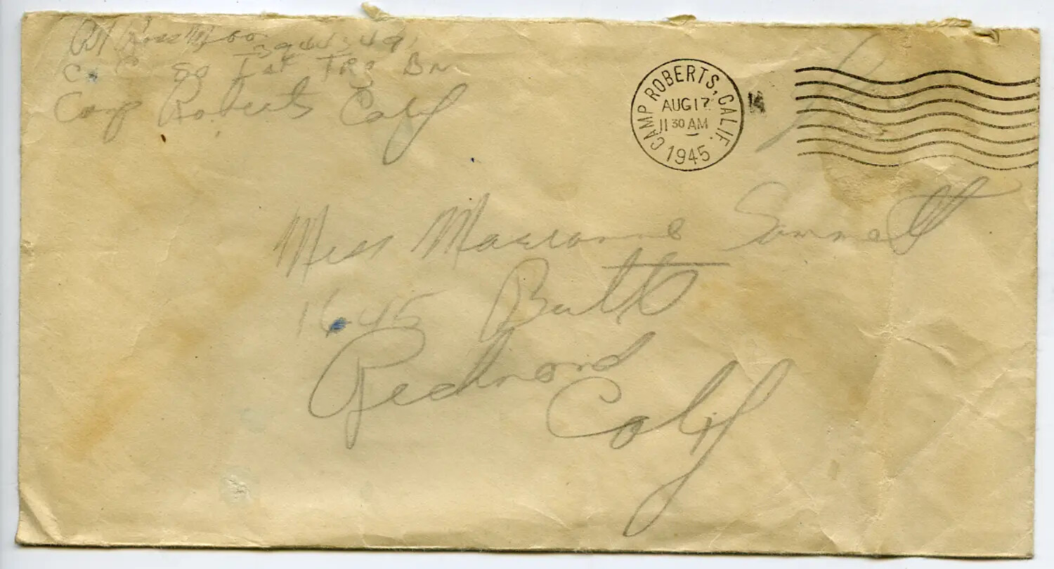 WWII Military Mail Envelope, Camp Roberts, California, August 17, 1945
