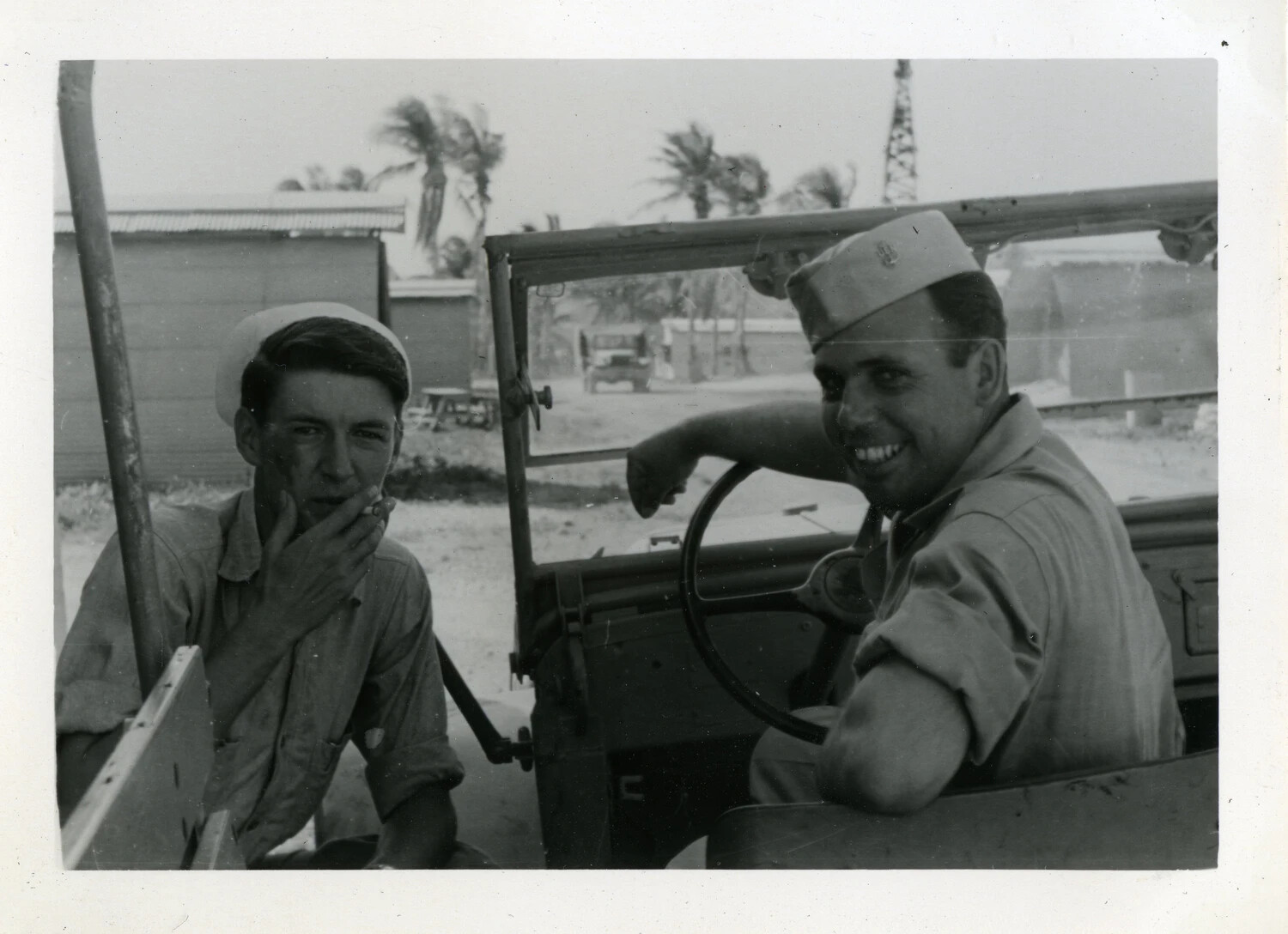 U.S. Navy Sailors in a Jeep, NATS Squadron VR-6, Agana, Guam