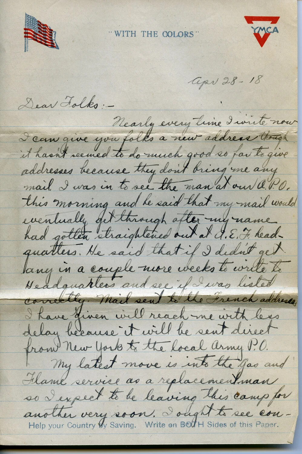 Letter from Pvt. Willis W. Wagener to Family, April 28, 1918 — YMCA 'With the Colors' Stationery