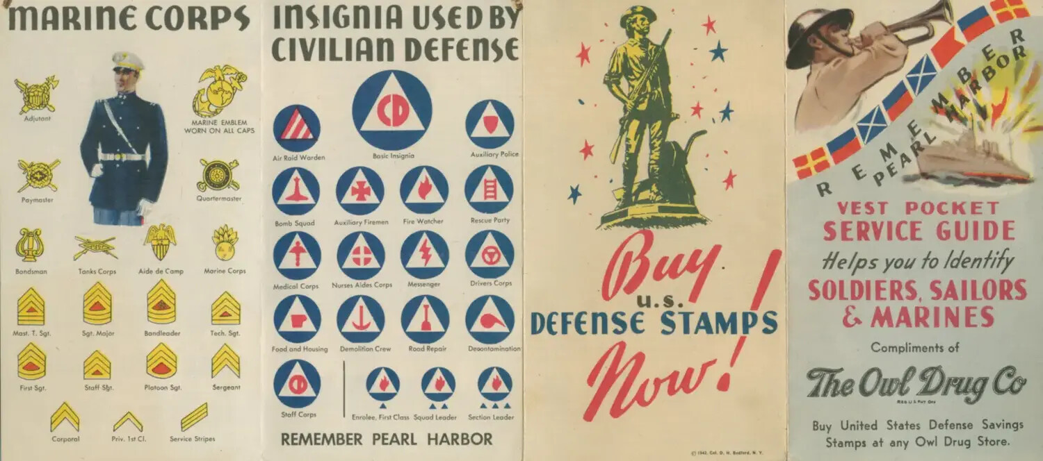 WWII Home-Front Civil Defense and Military Insignia Identification Pamphlet, 'Remember Pearl Harbor' Vest Pocket Service Guide (Owl Drug Co., 1942)