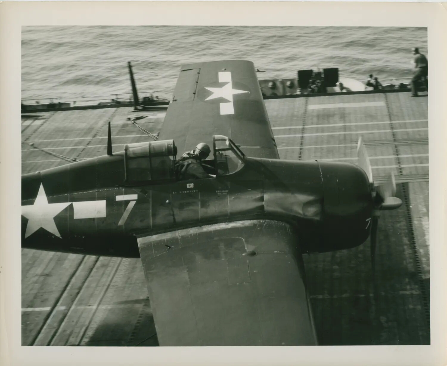 U.S. Navy FM-2 Wildcat Fighter No. 7 on Flight Deck, USS Petrof Bay (CVE-80), WWII