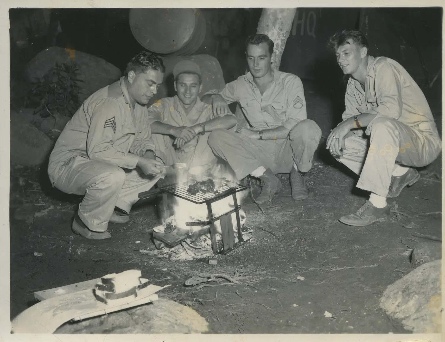 Airmen Grilling Rations at Night, 312th Bombardment Group Camp, Pacific Theater, WWII