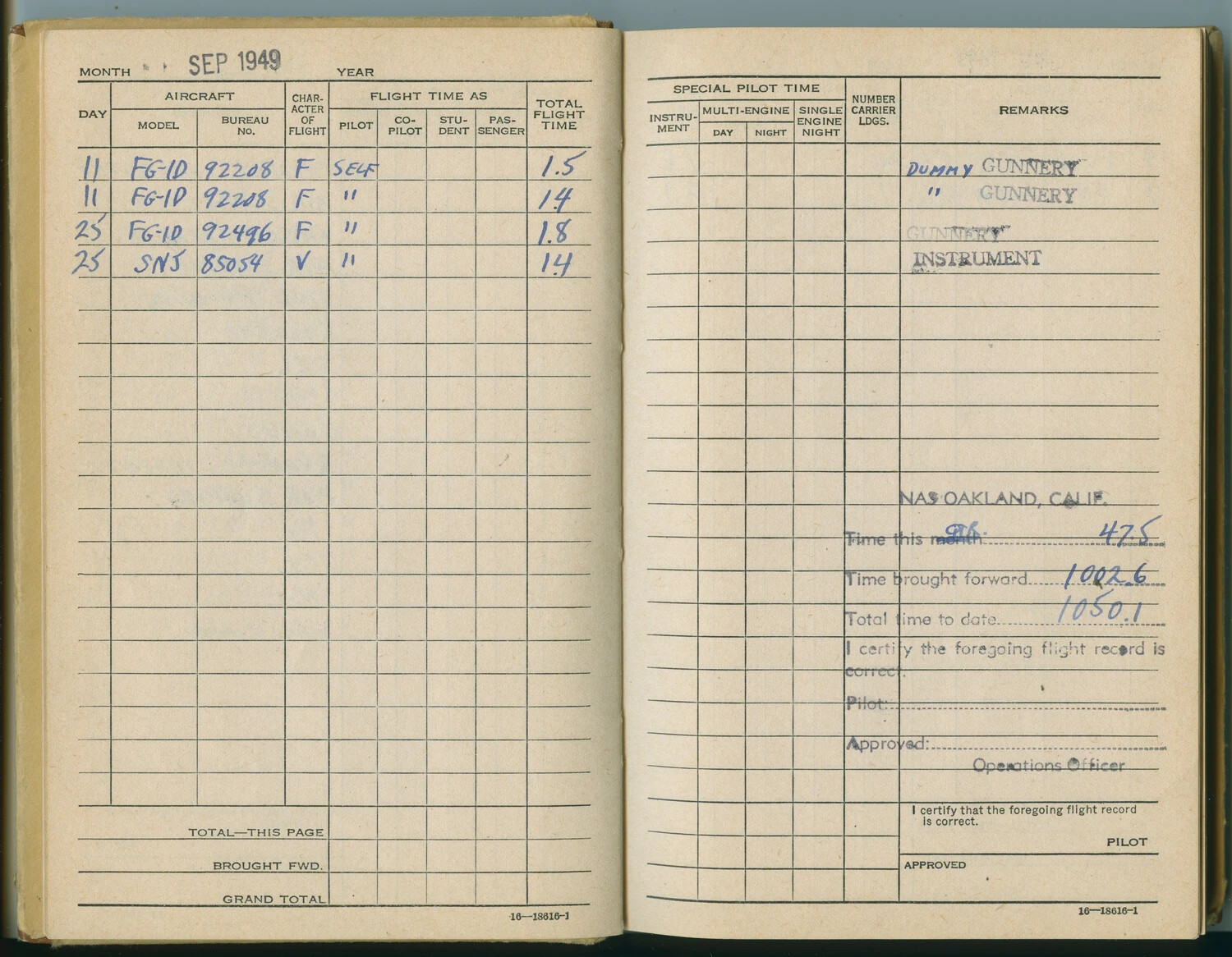 U.S. Navy Pilot Flight Logbook, September 1949 - FG-1D Corsair and SNJ Gunnery/Instrument Training, NAS Oakland