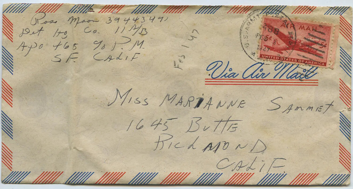 WWII/Postwar Era V-Mail Airmail Envelope, Ross Moon (11th Airborne, APO 468) to Miss Marianne Sammiet, Richmond, California, February 1947