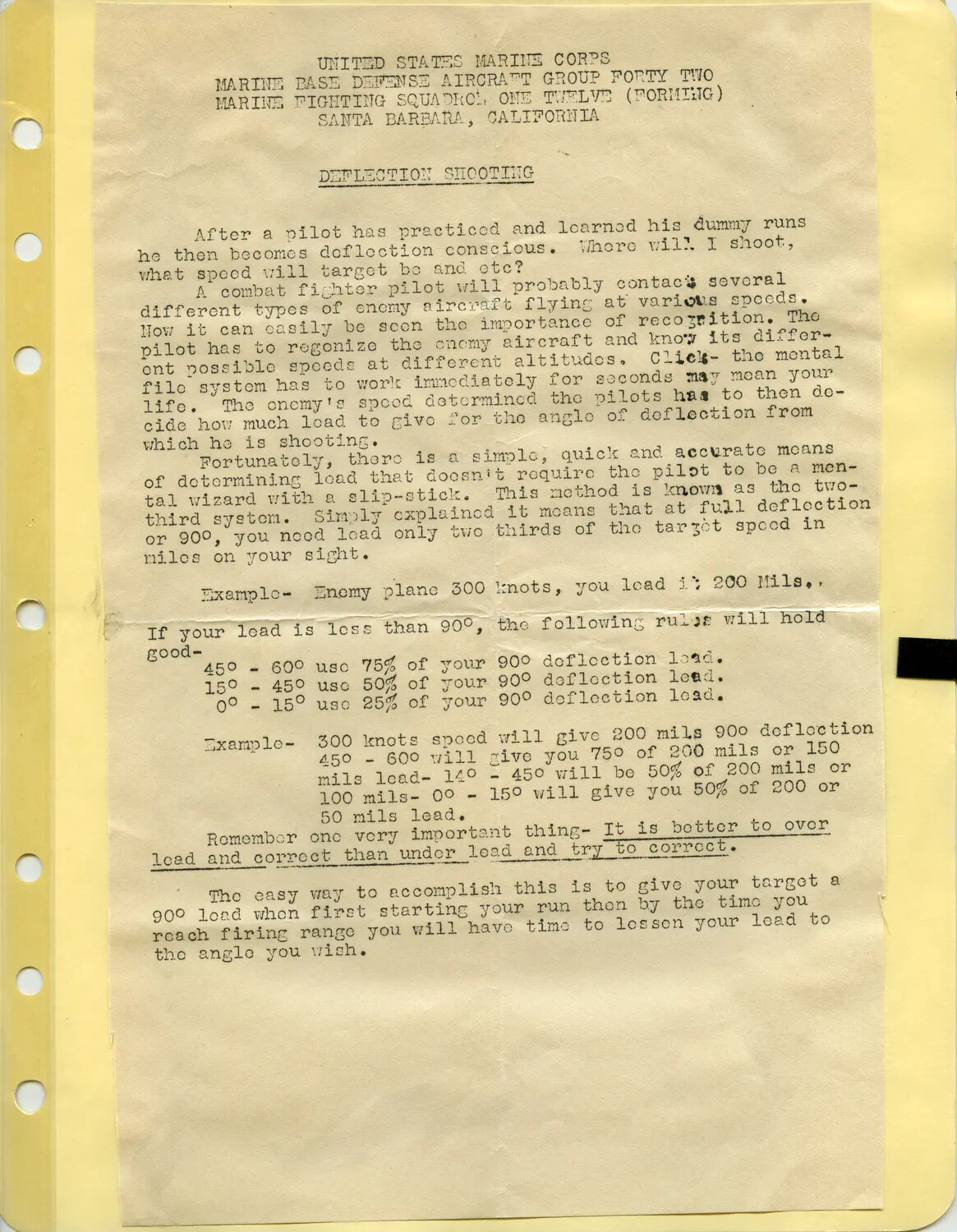 Typewritten USMC Training Document: 'Deflection Shooting' - Marine Fighting Squadron 112, Santa Barbara, California