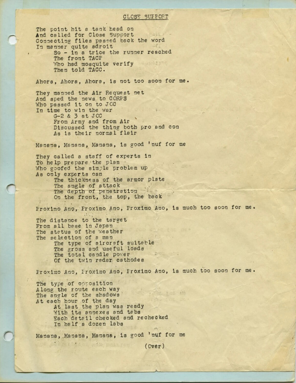 Typed Satirical Poem 'Close Support' Lampooning Military Air Support Bureaucracy, Korean War Era (McAleer Collection)