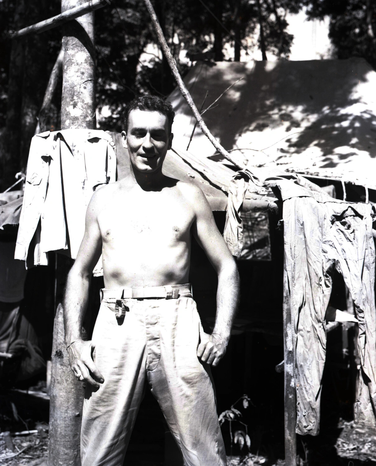 Serviceman at Jungle Camp, Myitkyina, Burma, WWII China-Burma-India Theater