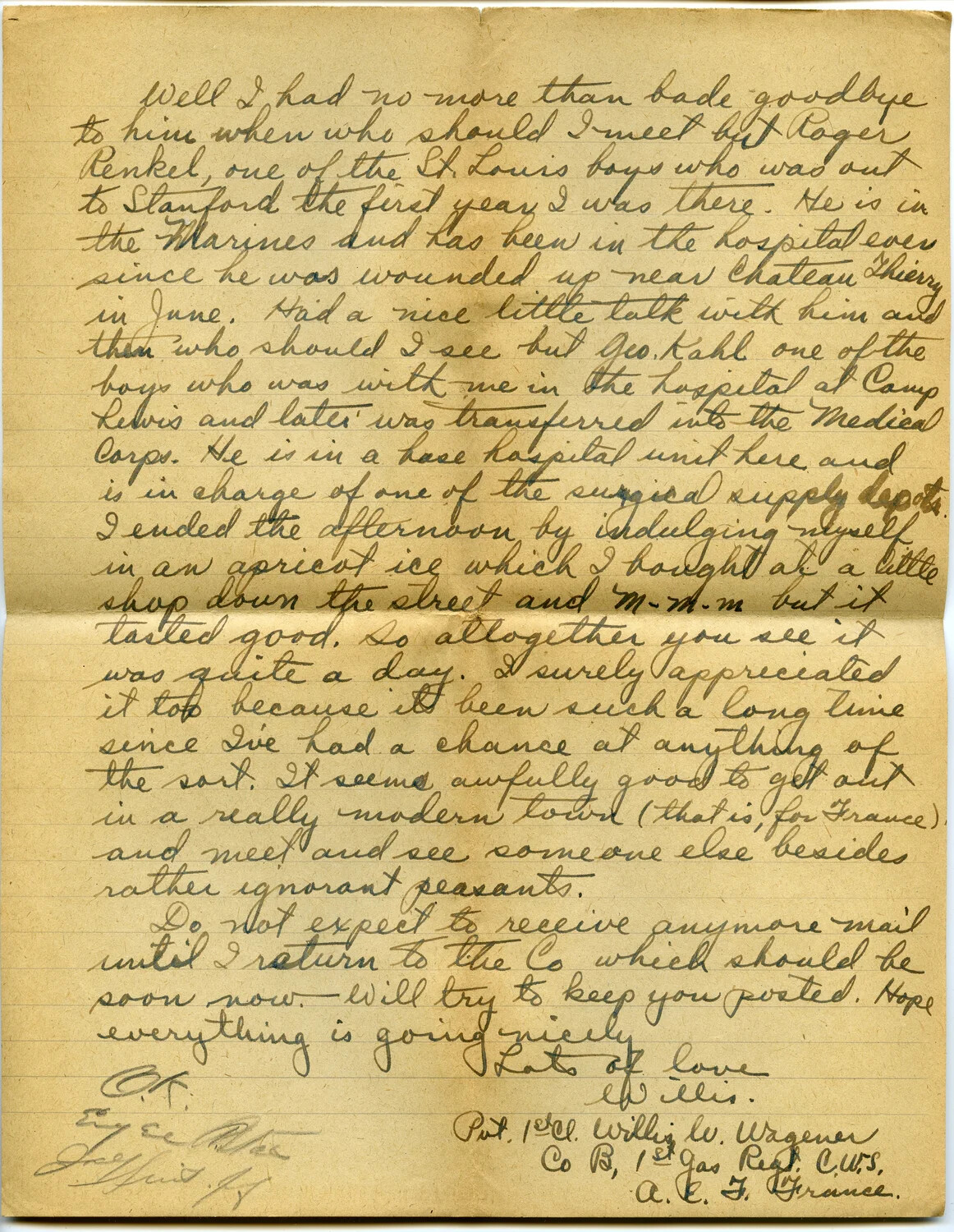 Handwritten WWI Letter from Pvt. Willis W. Wagener, 1st Gas Regiment, C.W.S., A.E.F. France