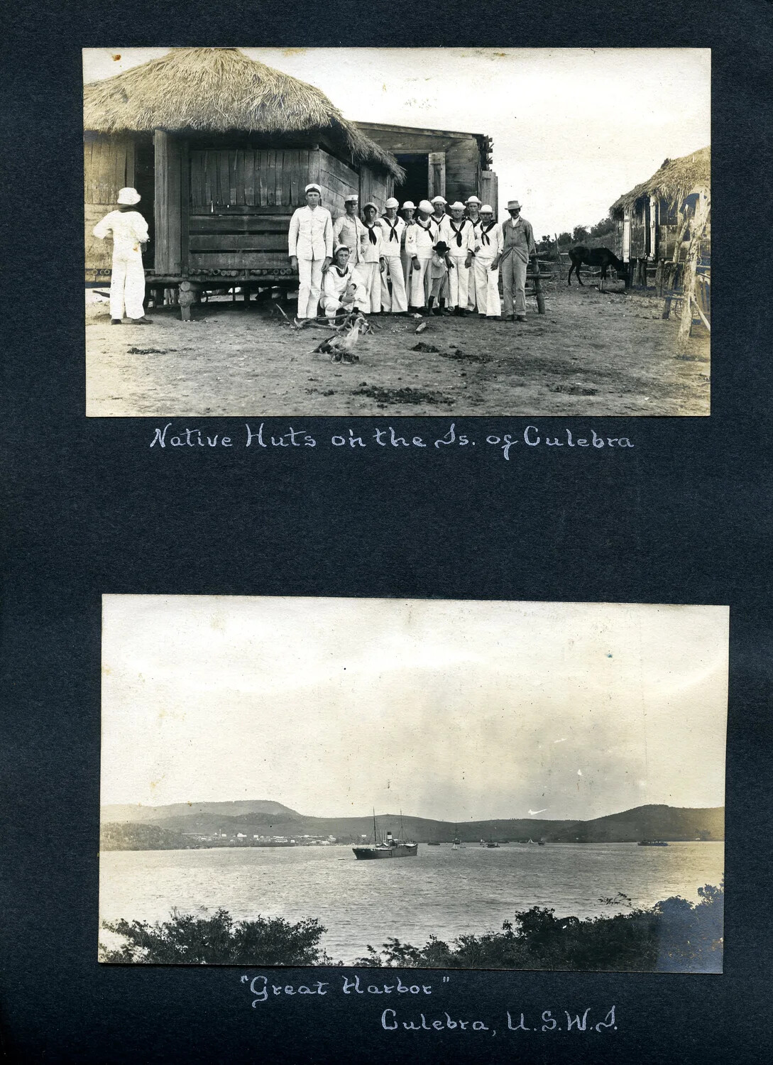 USS Columbia Sailor's Album: Culebra, Puerto Rico, Native Huts and Great Harbor, c. 1905-1915