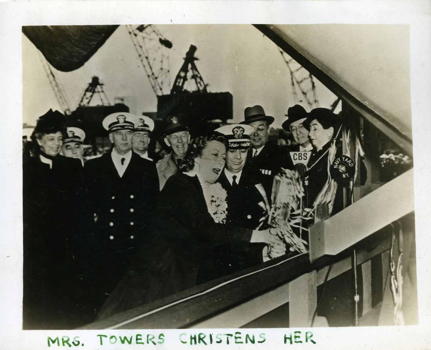 Ship Christening Ceremony, USS Franklin D. Roosevelt (CVB-42), New York Navy Yard — 'Mrs. Towers Christens Her'