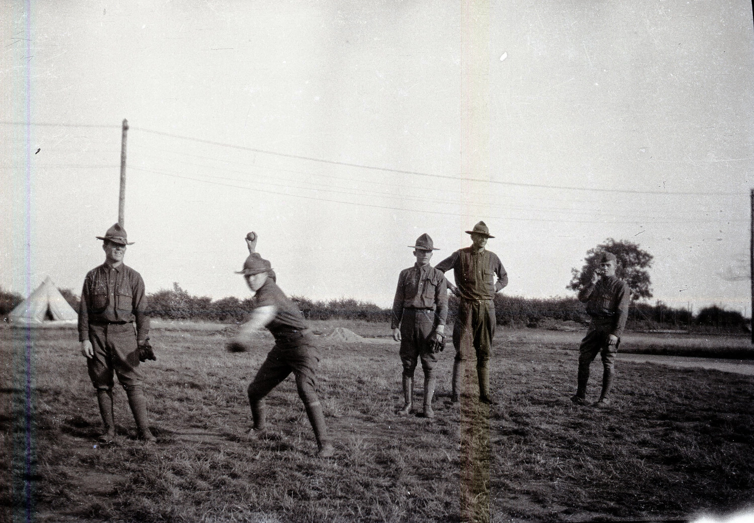 American Soldiers Playing Baseball at Tent Camp, World War I Era