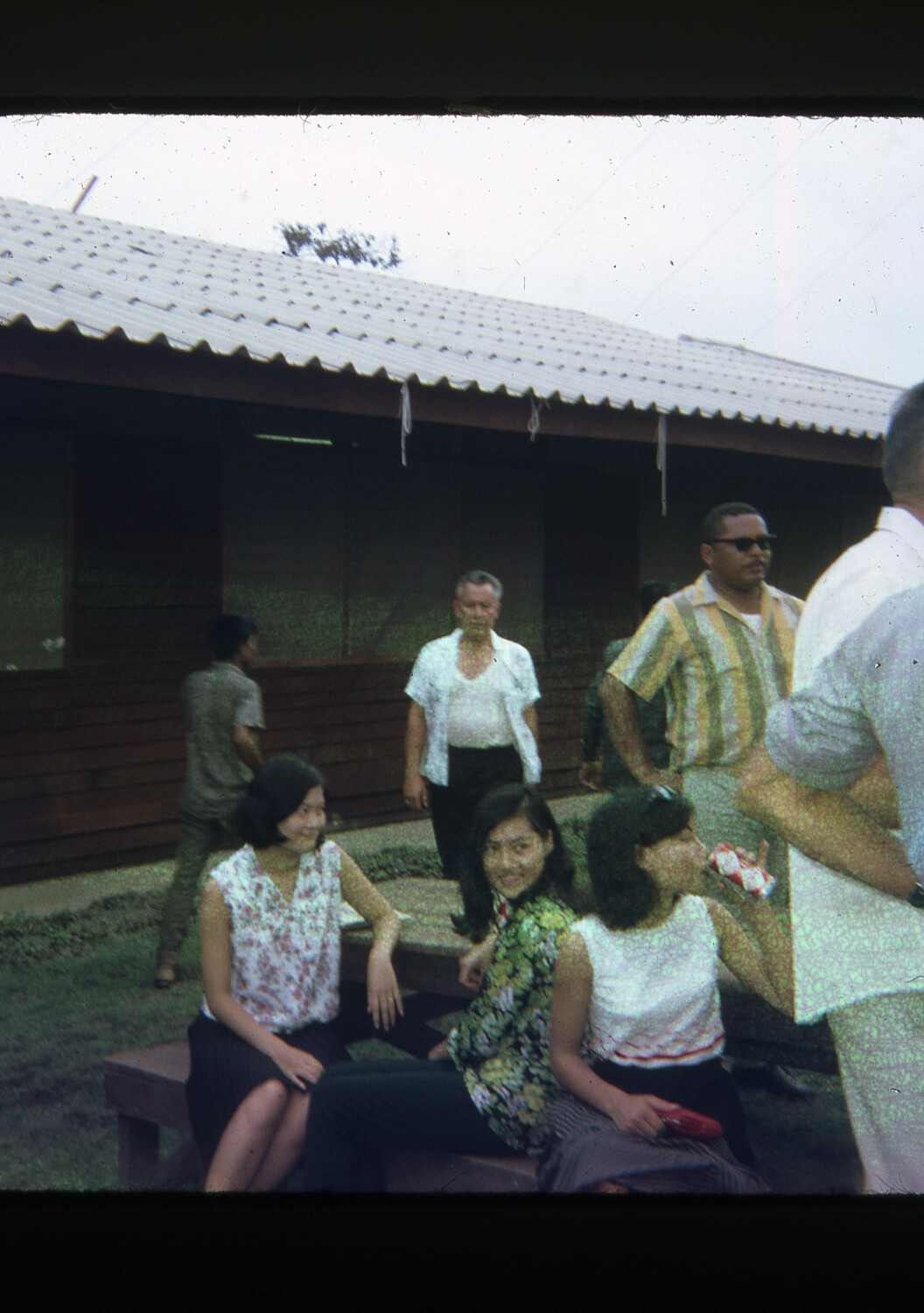 Vietnamese Women and American Men at Outdoor Gathering, Vietnam War Era (35mm Slide)